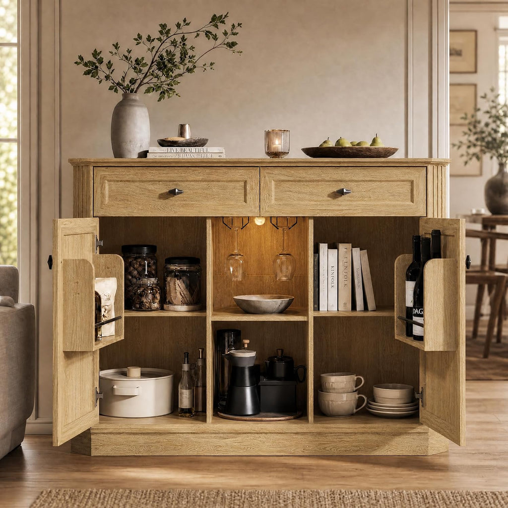 Natural Oak Coffee Bar with 2 Drawers & 2 Doors, LED Wine Bar Cabinet with Wine Glasses, Coffee Station with Built-in Outlets, Buffet Cabinet Sideboard with Extra Storage for Living Room Kitchen