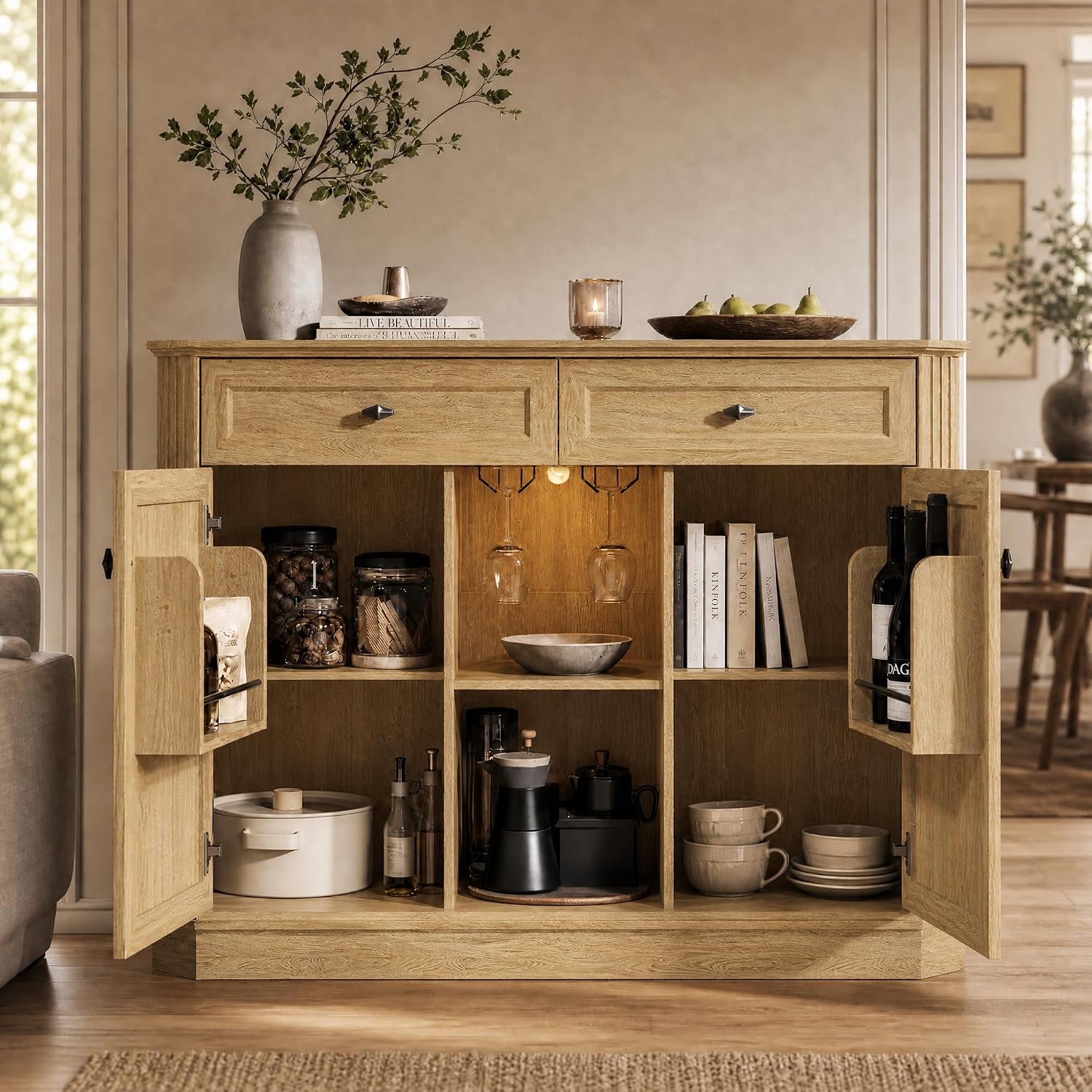 Natural Oak Coffee Bar with 2 Drawers & 2 Doors, LED Wine Bar Cabinet with Wine Glasses, Coffee Station with Built-in Outlets, Buffet Cabinet Sideboard with Extra Storage for Living Room Kitchen