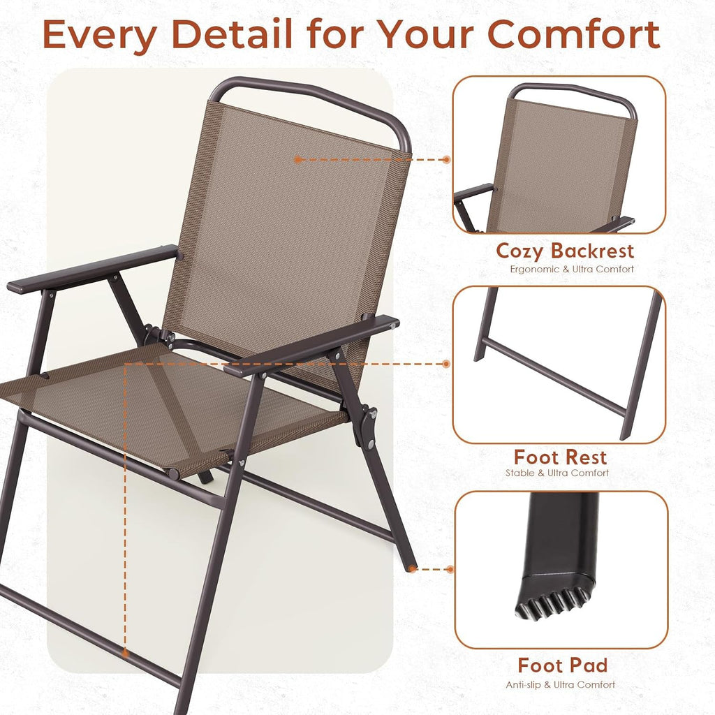 TLSUNNY Patio Folding Chairs Set of 2, Portable Dining Lawn Chairs, Outdoor Folded Furniture W/Breathable Textilene & Steel Frame, Armrests & Crossbar, All Weather for Pool, Camping (2, Brown)