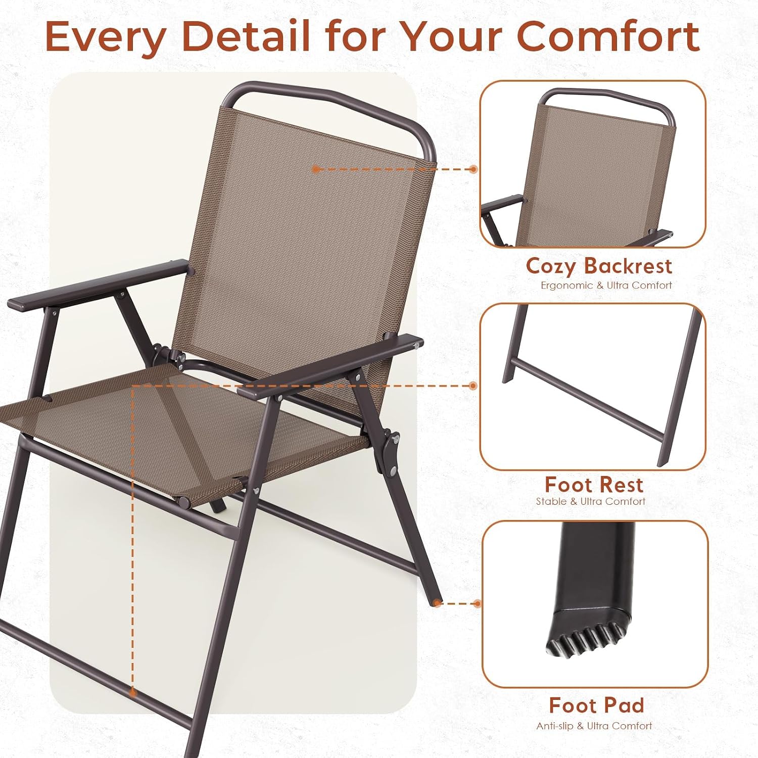TLSUNNY Patio Folding Chairs Set of 2, Portable Dining Lawn Chairs, Outdoor Folded Furniture W/Breathable Textilene & Steel Frame, Armrests & Crossbar, All Weather for Pool, Camping (2, Brown)