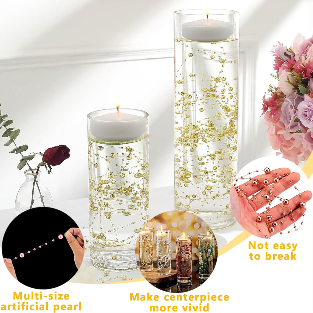 50 PCS Artificial Floating Beads for Centerpieces Vases, Black Gold 8+3mm String Beads for Wedding Party Faux Pearl String for Decorating, String Pearls for Crafts Vase Filler