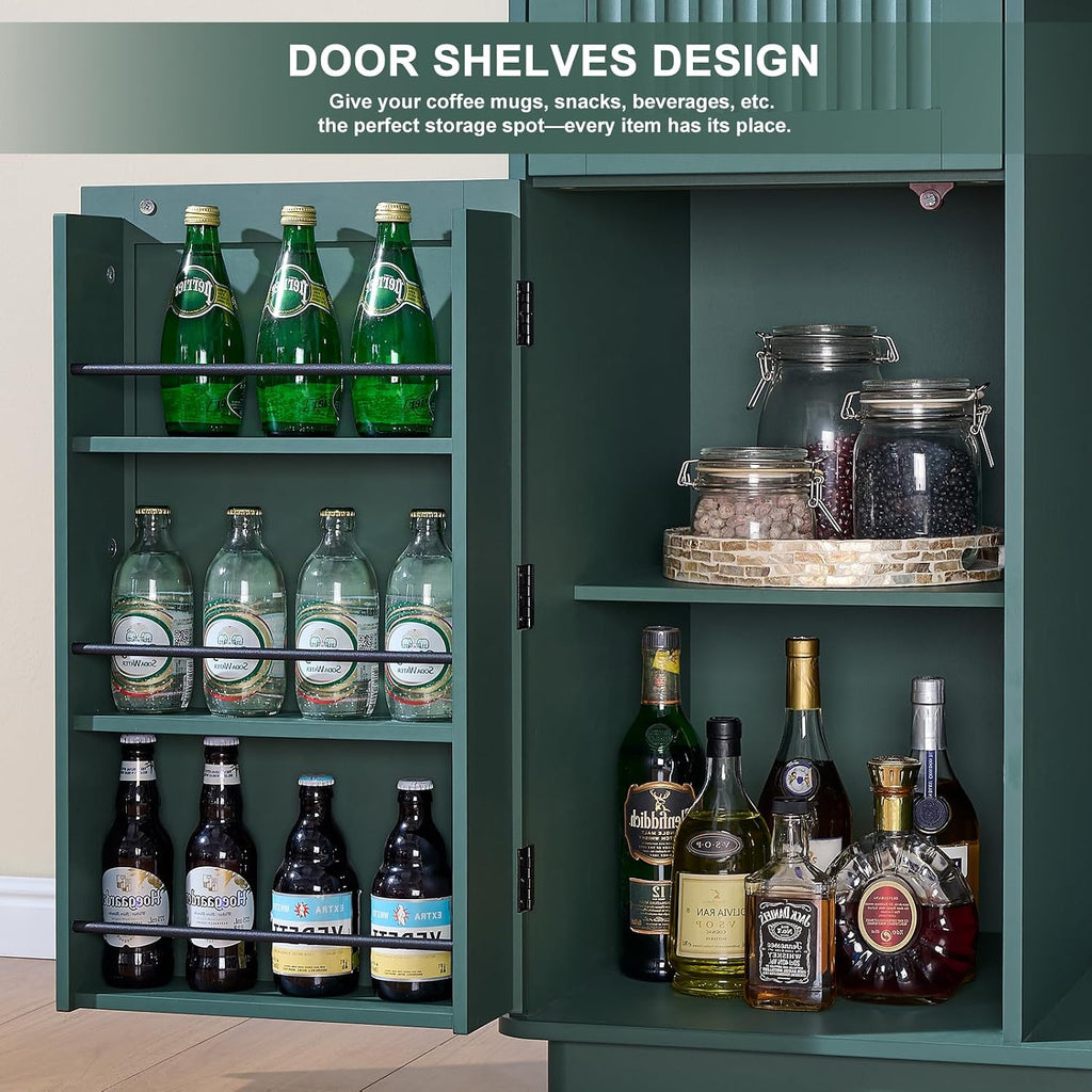 Okvnbjk Mini Fridge Cabinet with Storage & Power Outlet, Green | Coffee Bar Cabinet with Fridge Space, Modern Fluted Bar Cabinet with Drawer & Storage for Living Room, Dining Room, Dorm