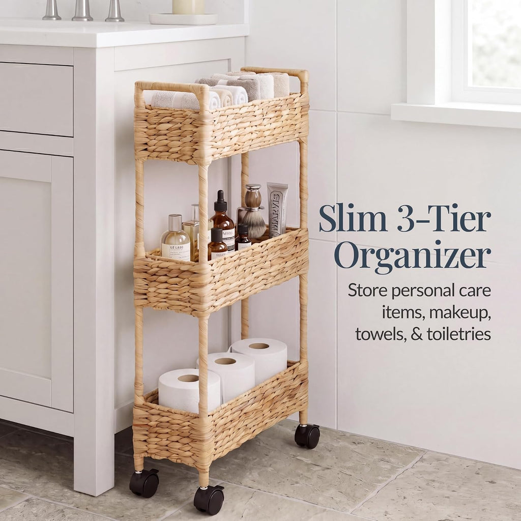 Best Choice Products 3-Tier Slim Water Hyacinth Rolling Nursery Caddy w/Wheels, Handwoven Utility Cart, Narrow Storage Organization for Bathroom, Craft Room, Laundry Room - Natural