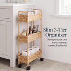 Best Choice Products 3-Tier Slim Water Hyacinth Rolling Nursery Caddy w/Wheels, Handwoven Utility Cart, Narrow Storage Organization for Bathroom, Craft Room, Laundry Room - Natural