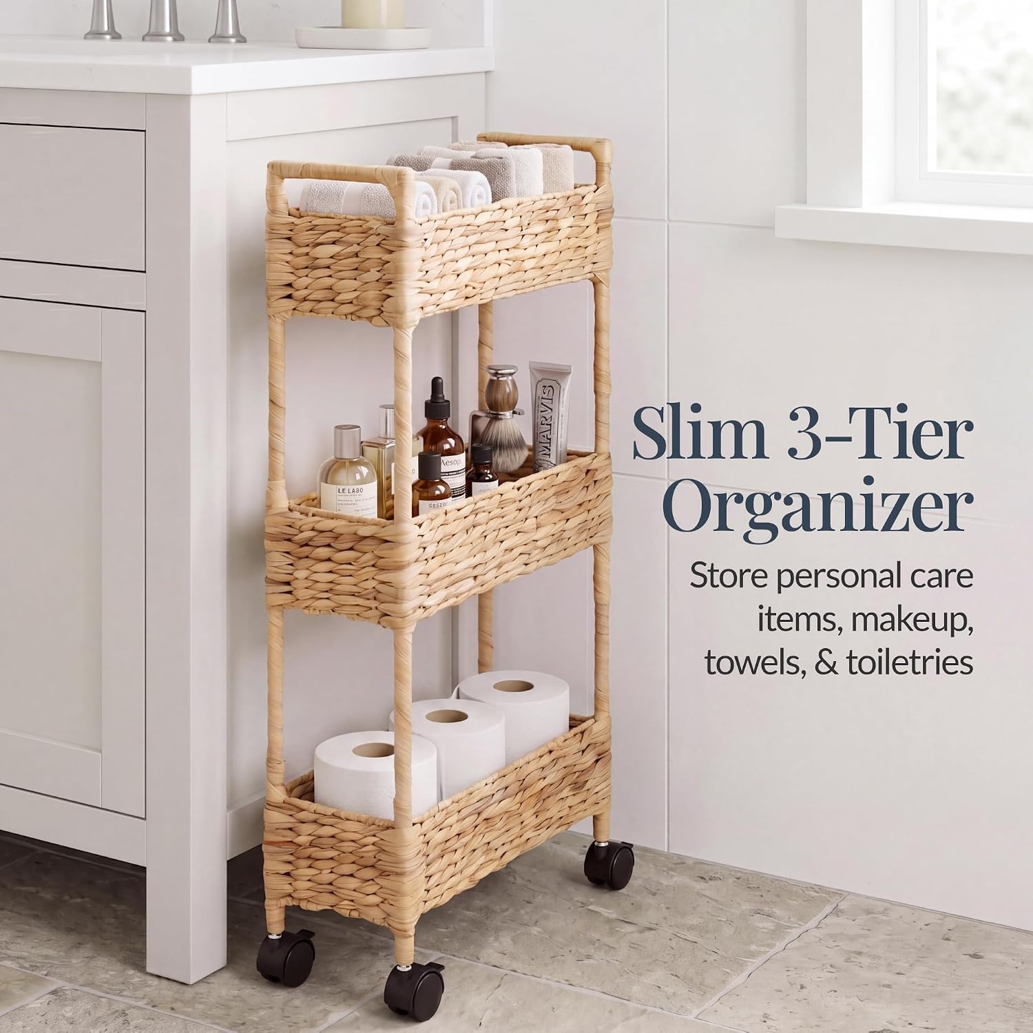 Best Choice Products 3-Tier Slim Water Hyacinth Rolling Nursery Caddy w/Wheels, Handwoven Utility Cart, Narrow Storage Organization for Bathroom, Craft Room, Laundry Room - Natural