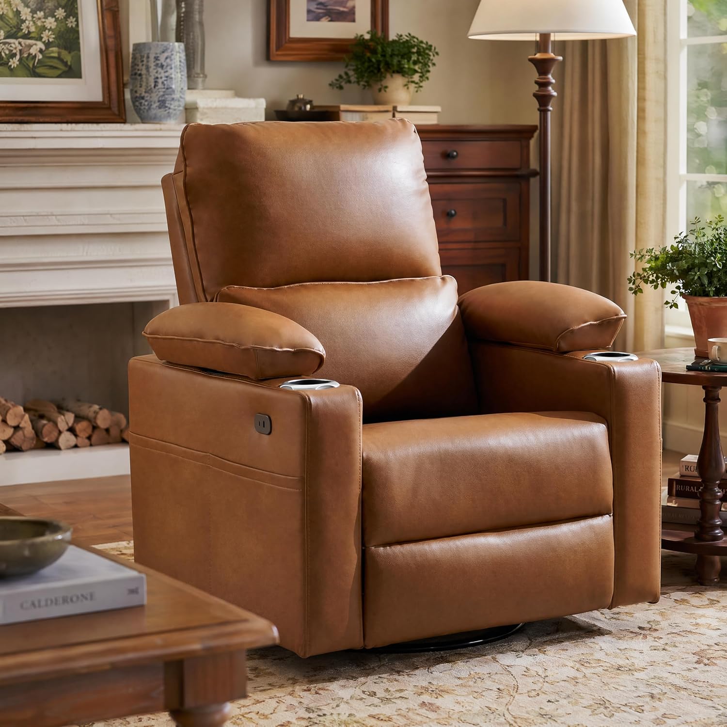 270 Swivel Rocker Recliner with Adjustable Memory Armrests, Oversized Power Nursery Recliner with Heating and Massage, Rocking Chair with One-Touch Reset, Double Cup Holder, Faux Leather, Camel