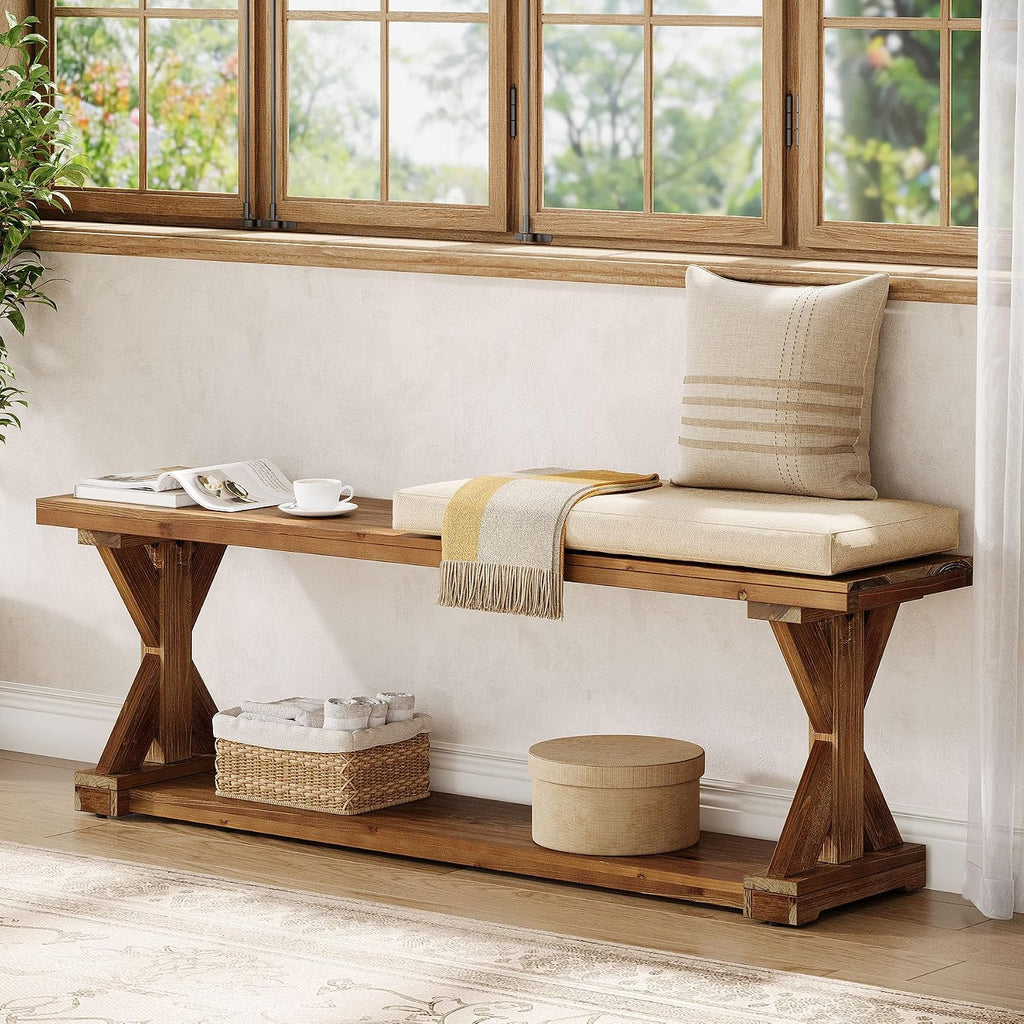 59-Inch Solid Wood Dining Bench, Modern Rustic Bench for Dining Table, 2-Tier Wooden Storage Seat for Dinner Room, Kitchen, Living Room & Hallway, Brown