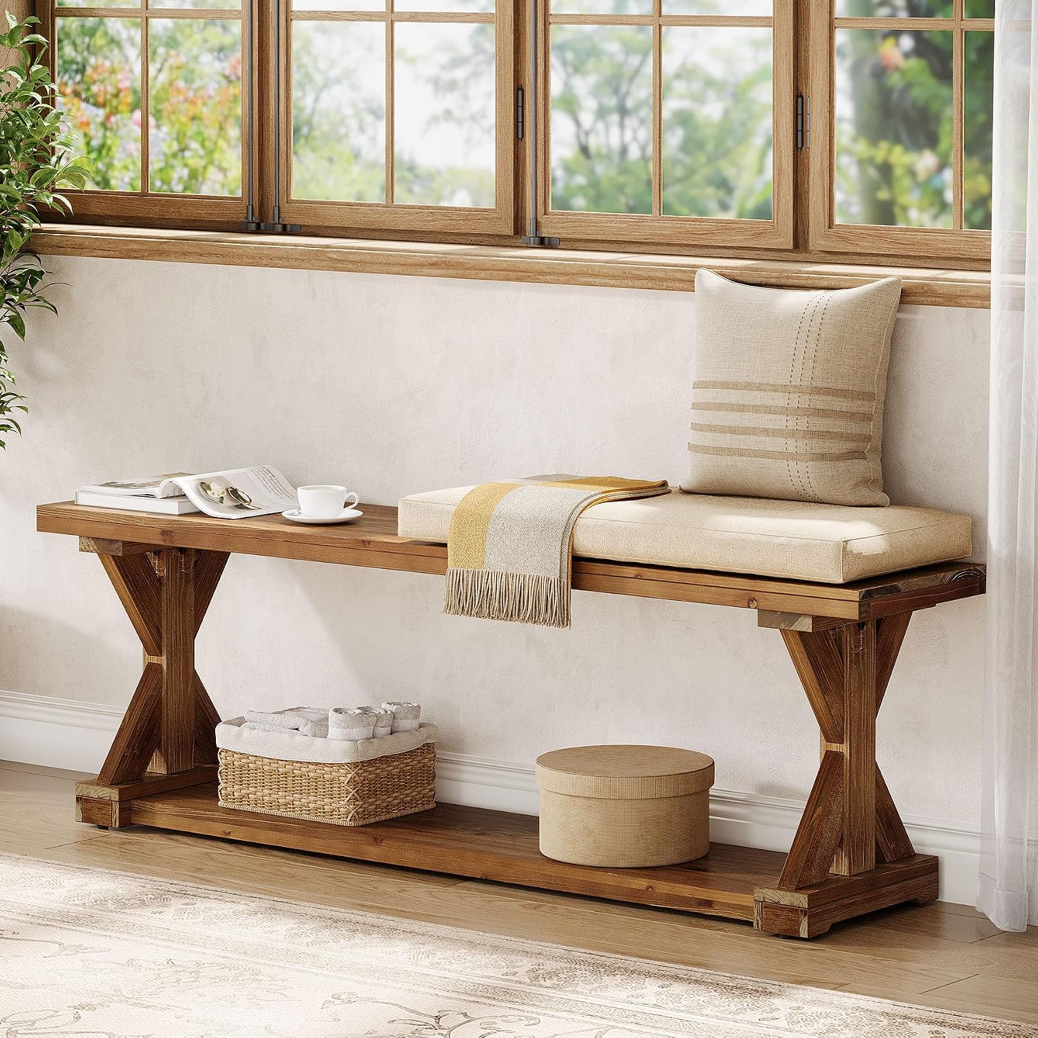 59-Inch Solid Wood Dining Bench, Modern Rustic Bench for Dining Table, 2-Tier Wooden Storage Seat for Dinner Room, Kitchen, Living Room & Hallway, Brown