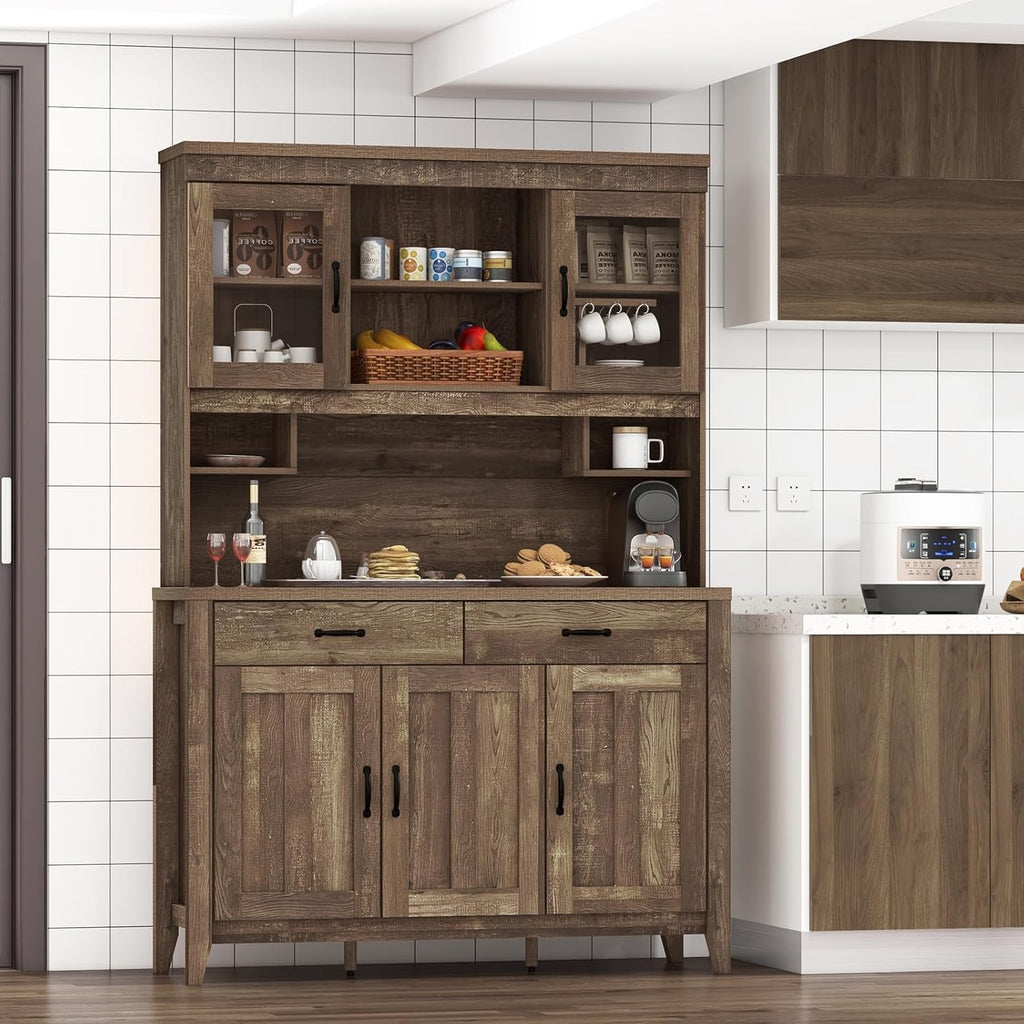 Byroce Kitchen Pantry Cabinet, Farmhouse 78.5” Tall Storage Cabinet w/Countertop, Adjustable Shelves & Drawers, Microwave Shelf w/Hutch, Wooden Buffet Sideboard w/Tempered Glass Doors, Rustic Brown