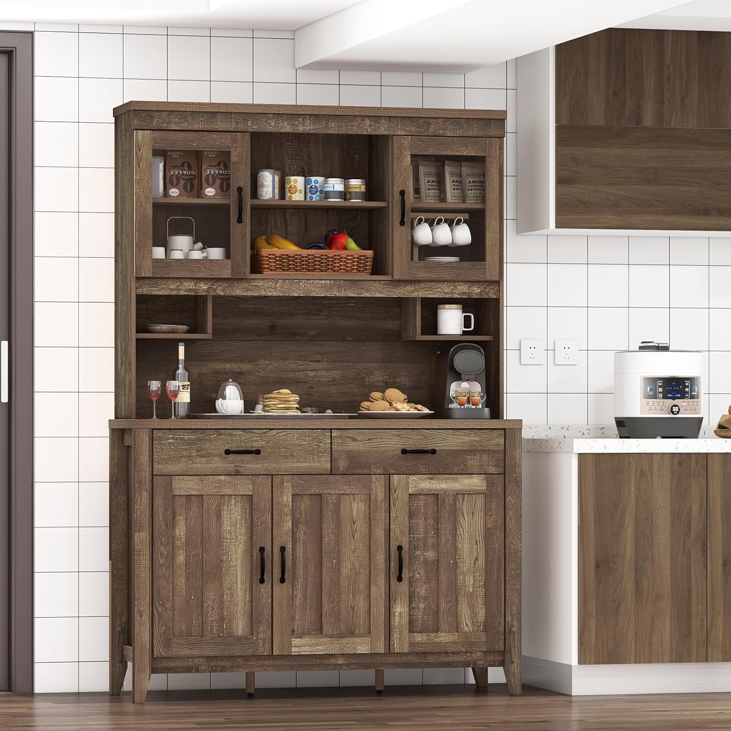 Byroce Kitchen Pantry Cabinet, Farmhouse 78.5” Tall Storage Cabinet w/Countertop, Adjustable Shelves & Drawers, Microwave Shelf w/Hutch, Wooden Buffet Sideboard w/Tempered Glass Doors, Rustic Brown