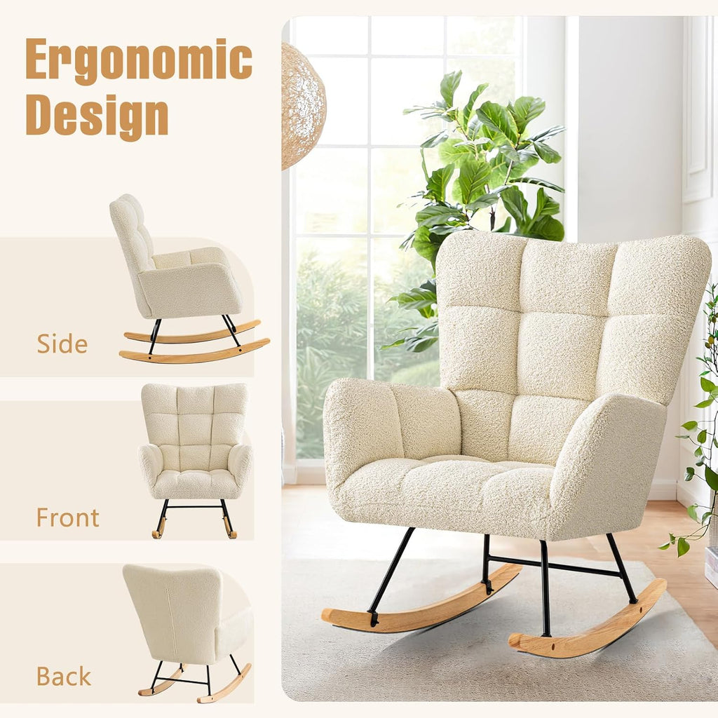 Furniliving Nursery Rocking Chair Upholstered Glider Rocking Chair Modern Accent Chair Padded Seat Reading Chair with High Backrest Comfy Chair for Living Room, Bedroom, Nursery, White, Teddy