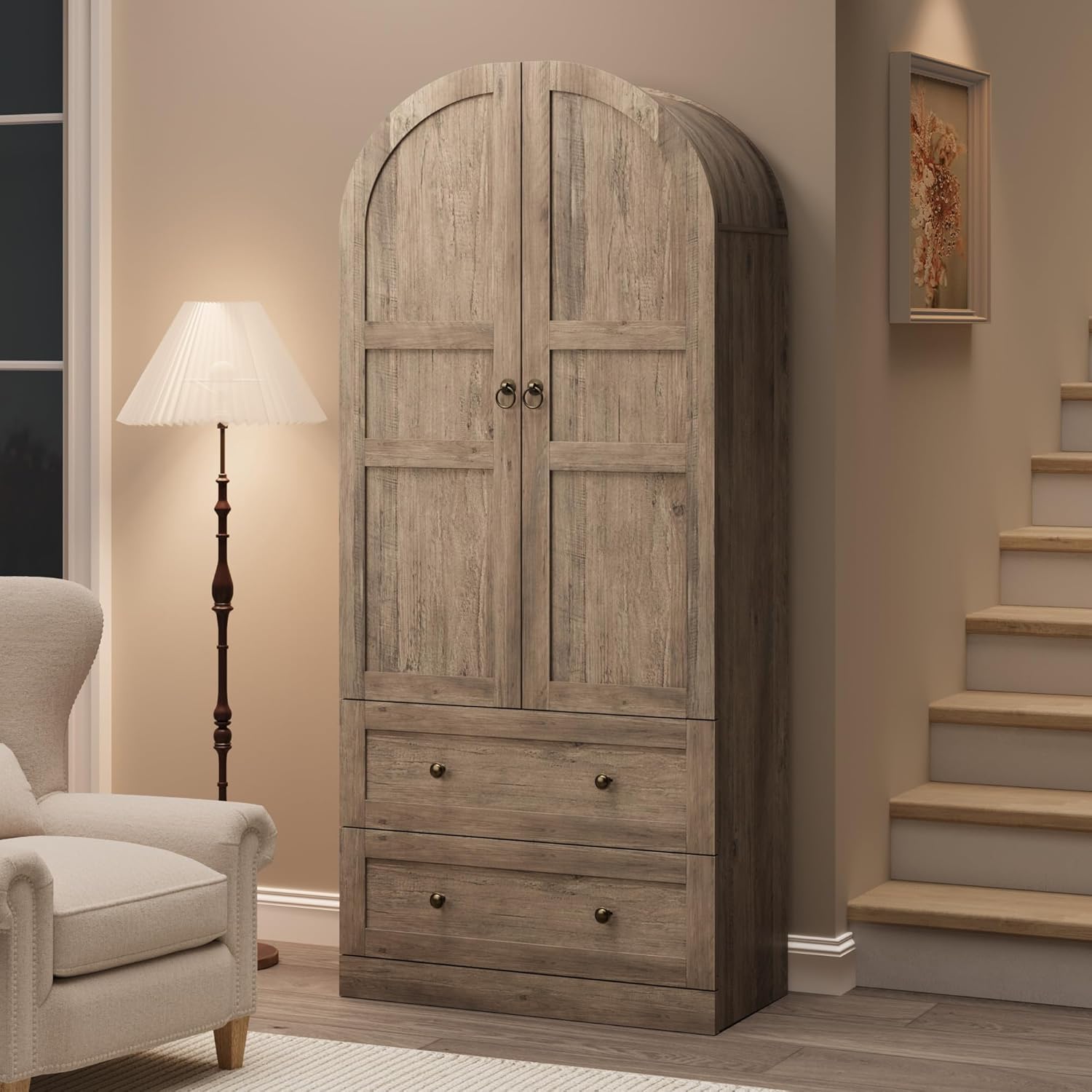 72" Arched Tall Kitchen Pantry Cabinet, Freestanding Farmhouse Kitchen Pantry Storage Cabinet with 2 Large Drawers, Wooden Pantry Cabinets for Kitchen, Dining & Living Room, Rustic Gray