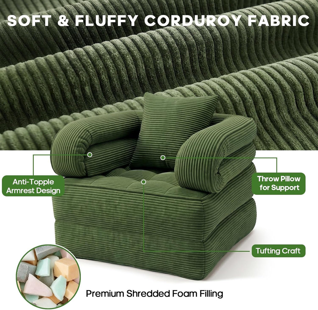 Folding Sofa Bed, Convertible Sleeper Chair with Armrests for Adults, Foldable Corduroy Boneless Bed, 3-in-1 Portable Futon Couch Floor Sofa with Pillow for Bedroom, Living Room, Dark Green