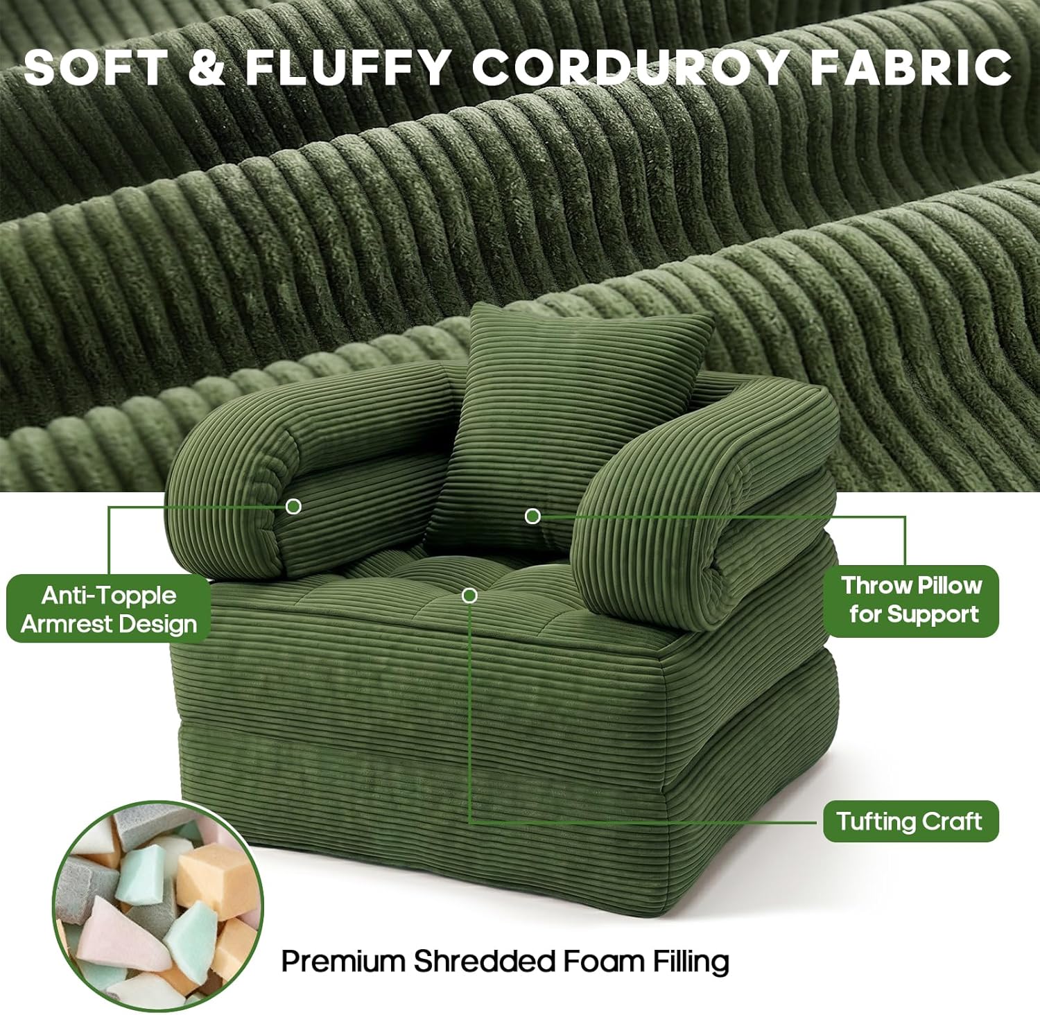 Folding Sofa Bed, Convertible Sleeper Chair with Armrests for Adults, Foldable Corduroy Boneless Bed, 3-in-1 Portable Futon Couch Floor Sofa with Pillow for Bedroom, Living Room, Dark Green