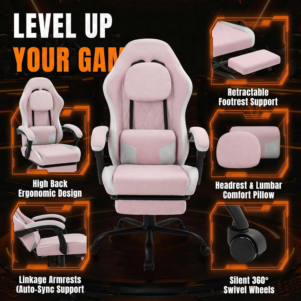 Shintenchi Gaming Chair, Ergonomic Office Chair with Footrest, Lumbar Support and Linkage Armrests, Swive Home Video Game Chairs for Adults, Pink