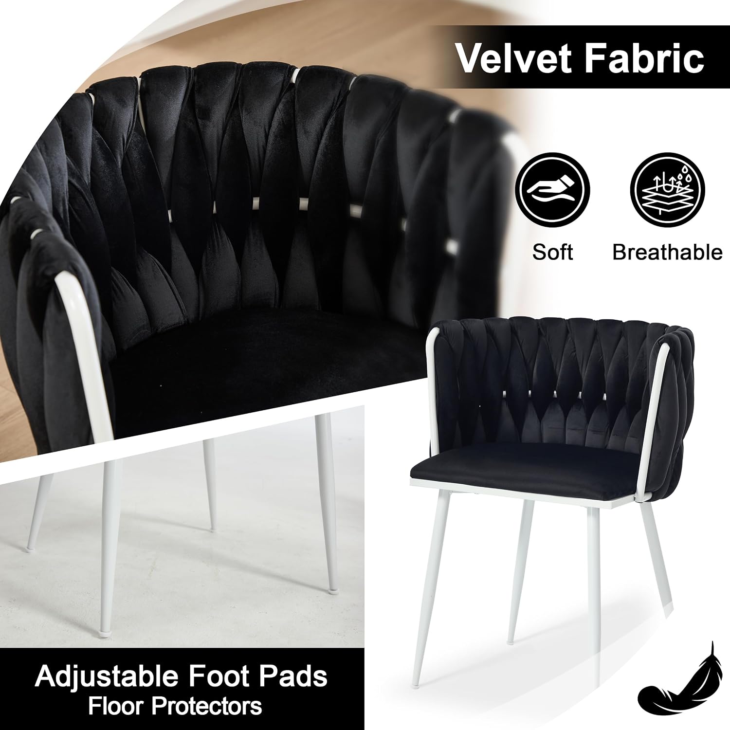 Velvet Dining Chairs Set of 4, Woven Upholstered Side Chairs with White Metal Legs, Modern Accent Chairs Kitchen & Dining Room Chair for Bedroom Living Room (Black + White Legs, Set of 4)