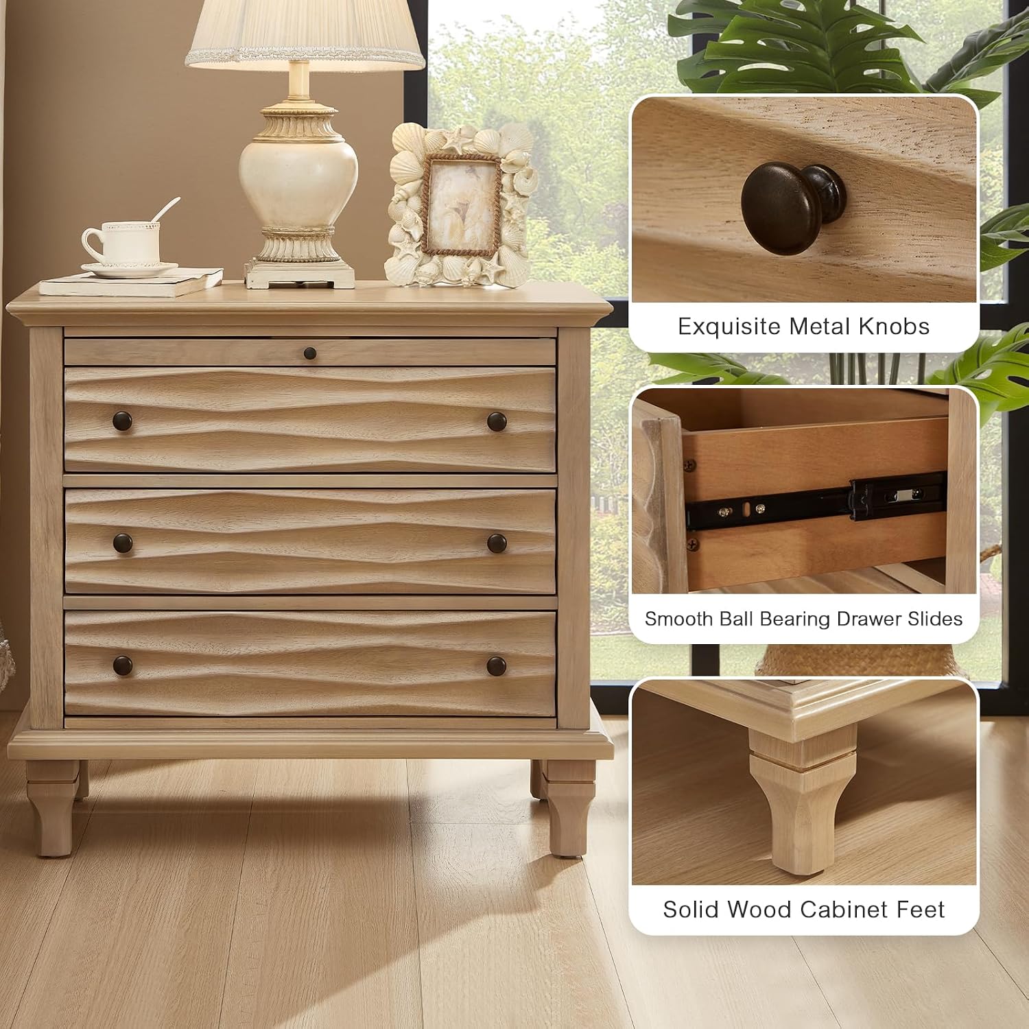 Traditional Wave Textured Nightstand, 3 Drawers Farmhouse Bedside Table with Solid Wood Legs, Rustic Storage End Table for Bedroom Living Room, Natural