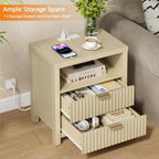 Furnulem Nightstand with Charging Station, 2 Drawers Fluted Night Stand | 19.7 inch Wide Bedside Table for Bedroom , Modern Nightstand with Wooden Legs and Metal Handle, Wood End Table, Natural Oak
