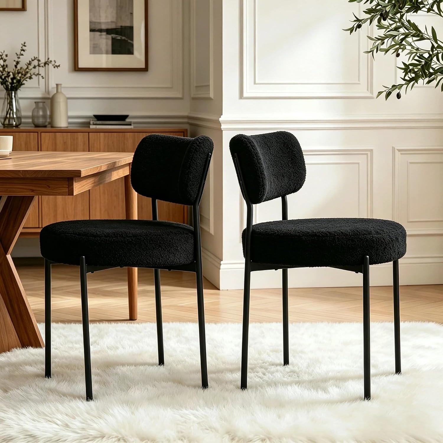 Boucle Dining Chair Set of 6, Mid Century Modern Upholstered Kitchen Chairs with Curved Backrest & Black Metal Legs, Round Dining Room Chairs, Black