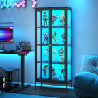 Steeloong 66"Display Cabinet with Glass Doors,4-Tier Curio Cabinet with 8 Color Lights,Glass Cabinets with 3 Adjustable Shelves,Black Display Case for Collectibles,Plant,Living Room,Assembly Required