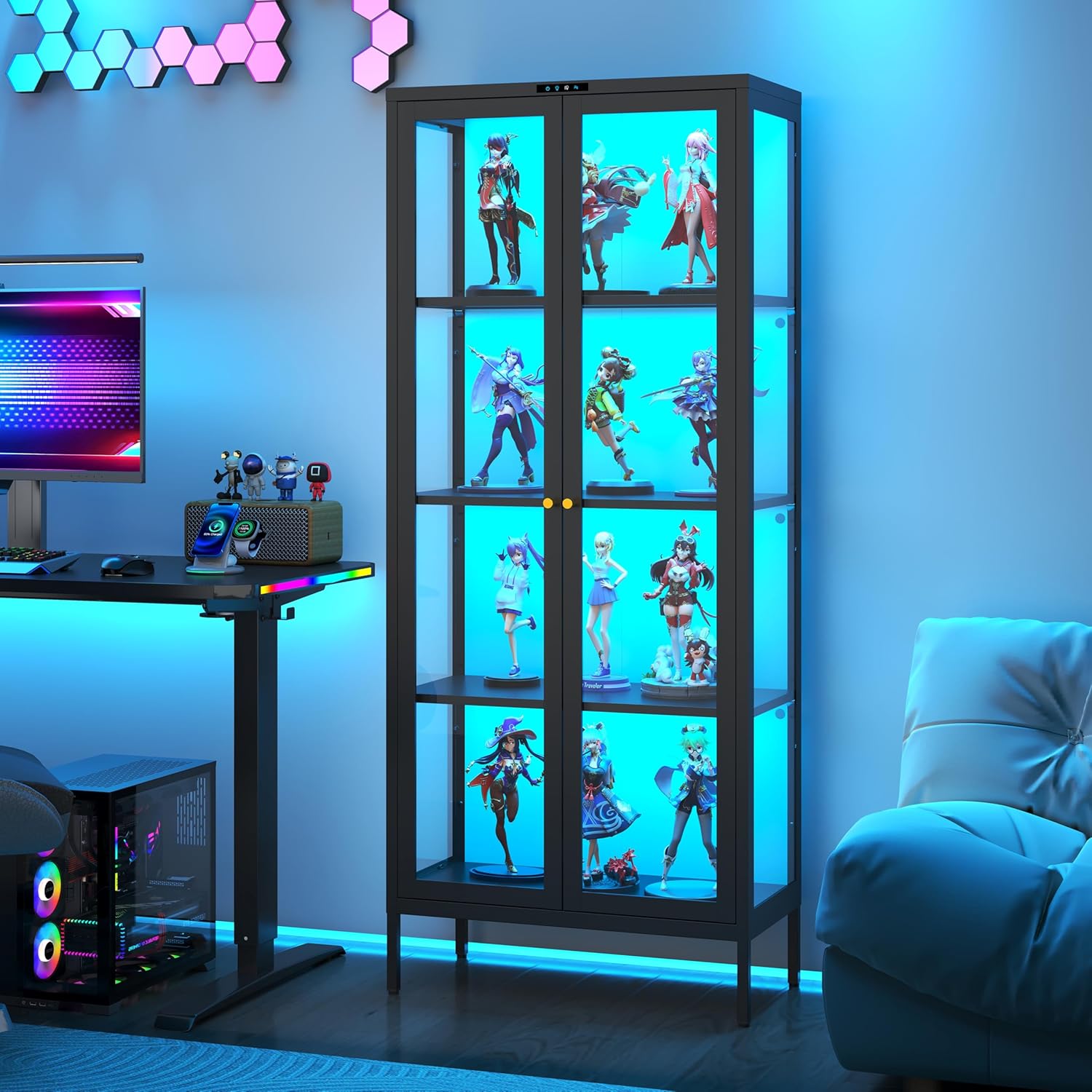 Steeloong 66"Display Cabinet with Glass Doors,4-Tier Curio Cabinet with 8 Color Lights,Glass Cabinets with 3 Adjustable Shelves,Black Display Case for Collectibles,Plant,Living Room,Assembly Required