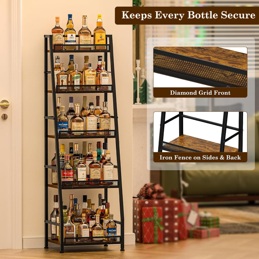 5-Tier Trapezoid Liquor Stand for Home Bar, Large-Capacity Liquor Cabinet Bar for Home, Stepped Wine Rack Freestanding Floor for Whiskey, Corner Wine Bottle Display Shelf with Fences for Living Room