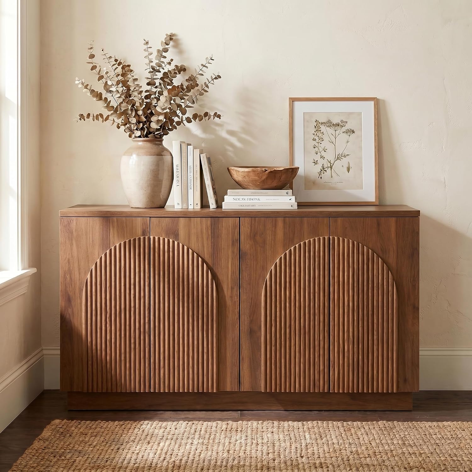 Brafab 4-Door Fluted Sideboard Buffet Cabinet with Arched Reeded Doors and Adjustable Shelves, Modern Credenza Storage Cabinet for Living Room Dining Room, Walnut Oak Finish