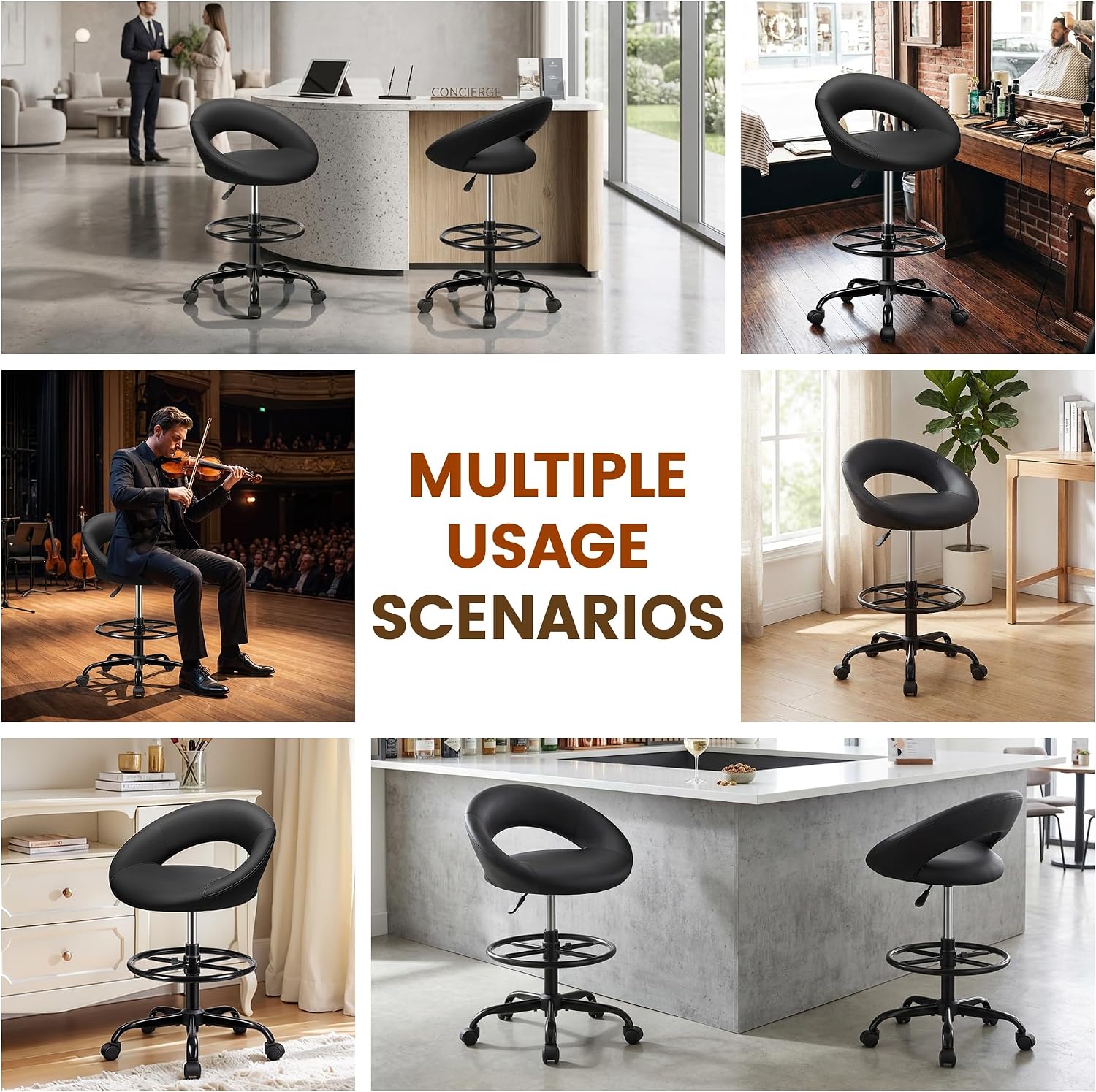 Ergonomic Drafting Chair for Standing Desk, Height Adjustable Rolling Stool with Foot Rest, Tall PU Leather Chair with Wheels and Back Support for Home Office Kitchen Counter, Black