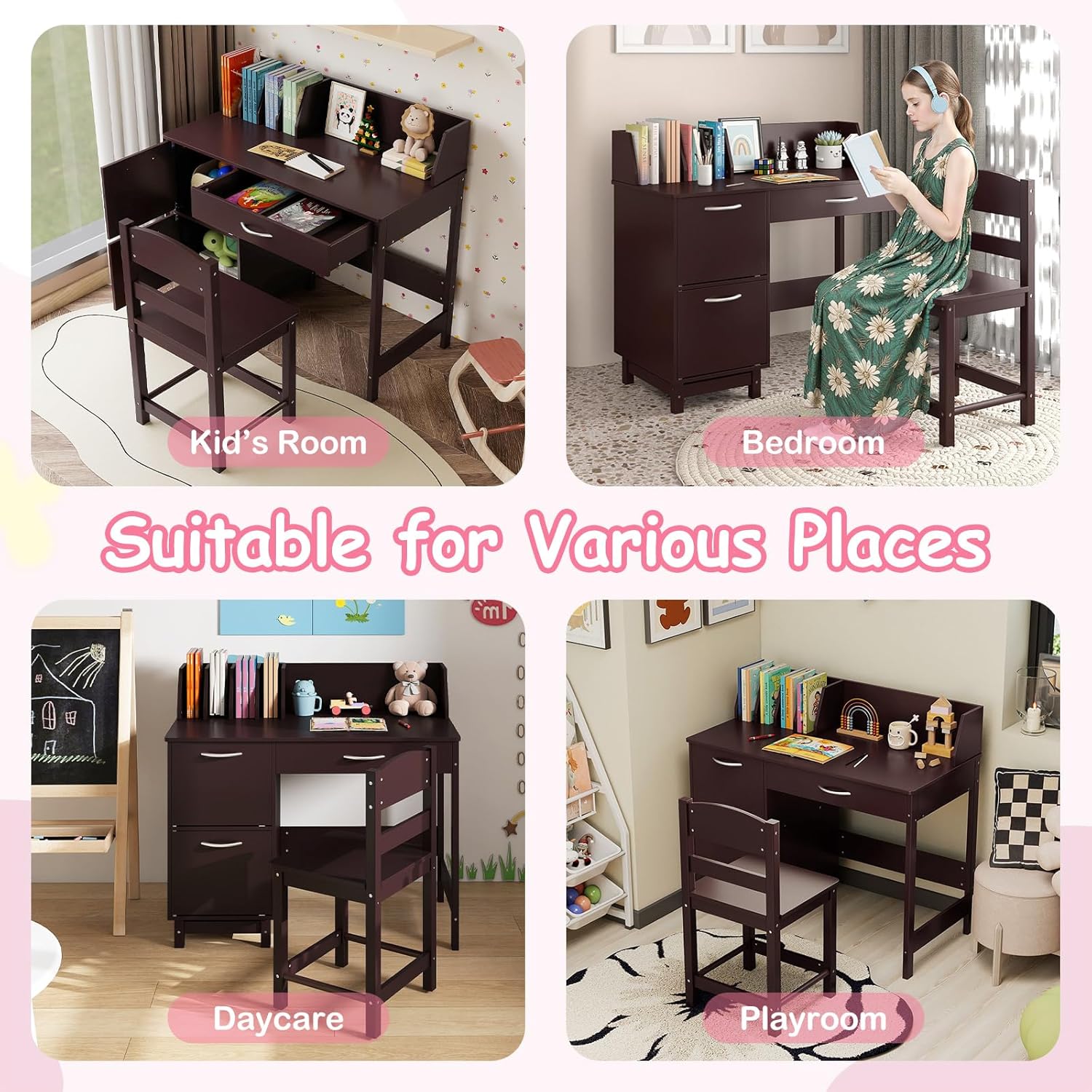 HONEY JOY Kids Desk and Chair Set, Wooden Children School Study Table and Chair w/Drawer, Storage Shelf & Cabinets, Student Computer Workstation Writing Desk for Bedroom, 3-8 Years Old (Dark Brown)