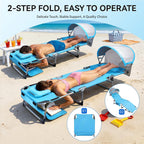 Tanning Chair with Sun Canopy,27 Inch Oversized Folding Tanning Chair with Face Hole and Pillow,Heavy Duty Folding Lounge Chair,Adjustable 3-Position Patio Chaise Lounge,220 LBS Blue