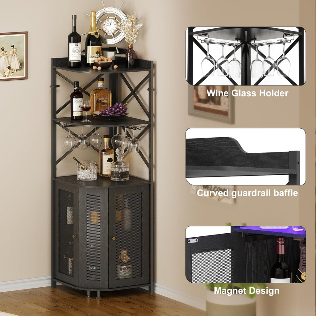 JKsmart Corner Bar Cabinet with LED Lights, 5-Tier Industrial Wine Bar Cabinet with Glass Holder, Farmhouse Liquor Cabinets with Shelf and Door, Home Bar for Coffee Bars, Black