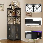 JKsmart Corner Bar Cabinet with LED Lights, 5-Tier Industrial Wine Bar Cabinet with Glass Holder, Farmhouse Liquor Cabinets with Shelf and Door, Home Bar for Coffee Bars, Black