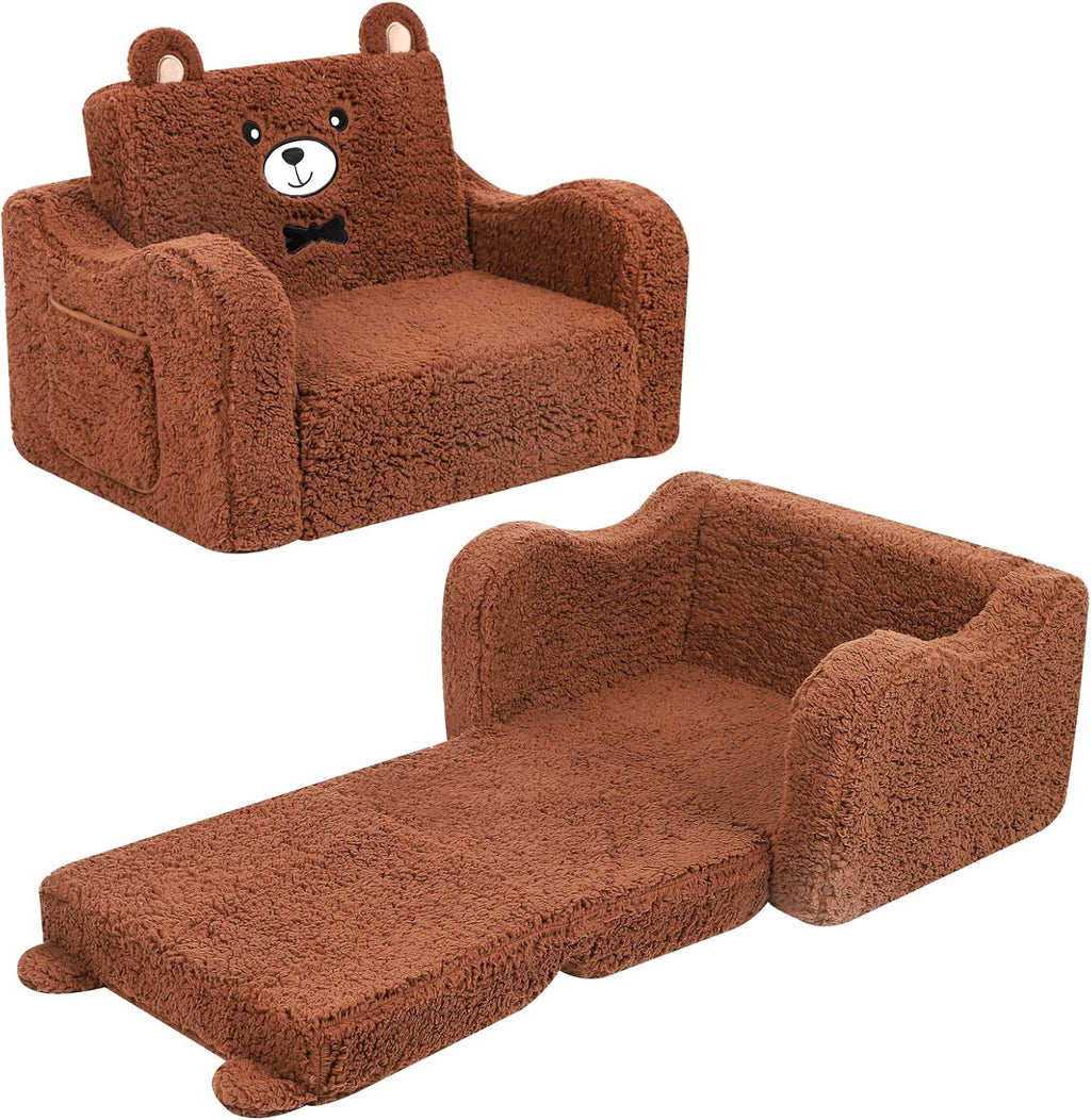 MOMCAYWEX Kids Sofa, 2-in-1 Flip-Out Foam Couch, Soft Play Lounge Chair for Toddlers and Children, Brown
