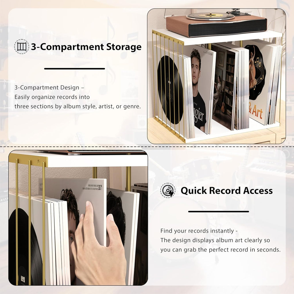 Emfogo Vinyl Record Storage, Metal & Wooden Vinyl Record Holder Up to 80 Album, 3-Compartment Record Player Stand for Magazine, Book, Files, Albums (White)