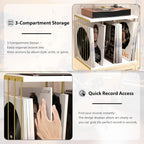 Emfogo Vinyl Record Storage, Metal & Wooden Vinyl Record Holder Up to 80 Album, 3-Compartment Record Player Stand for Magazine, Book, Files, Albums (White)