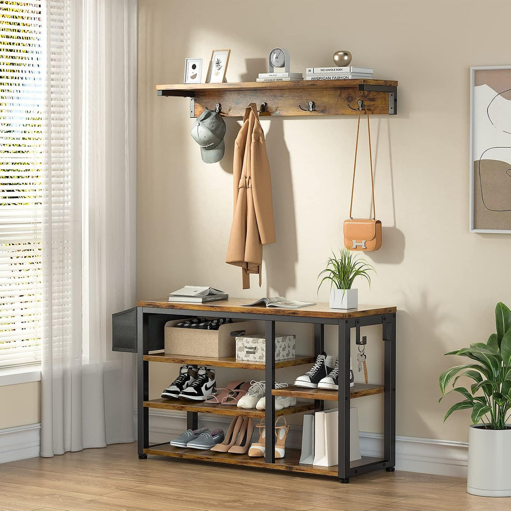 Aiho Entryway Hall Tree Bench with Storage, Industrial Shoe Rack Bench with 4 Hooks, Rustic Brown