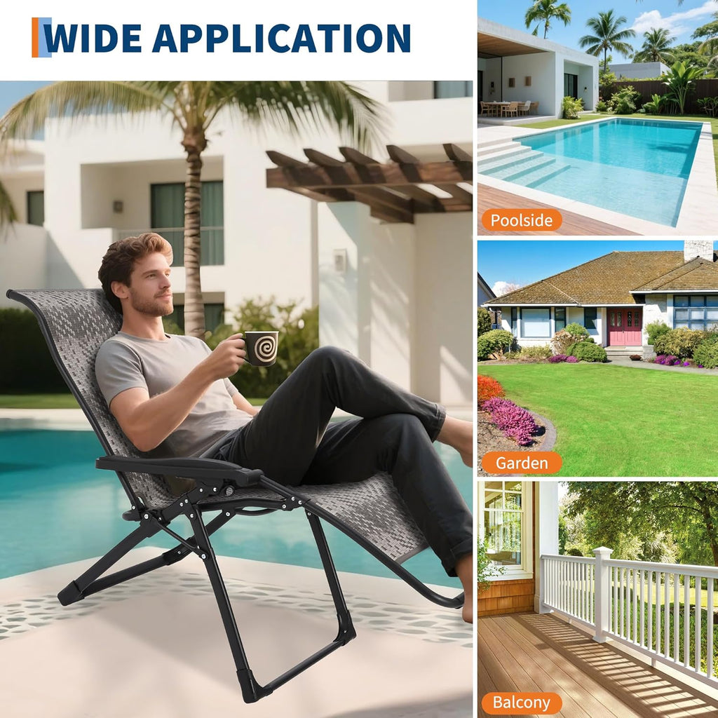 Rattan Chaise Lounge Chair with Widened Armrest Heavy Duty Wicker Adjustable Foldable Outdoor Patio Beach Camping Recliner Chair for Poolside Garden Backyard Lawn