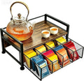 Tea Bag Organizer for Kitchen Countertop, Wooden Tea Box Organizer with Drawer and Top Tray, Tea Station Organizer, Tea Bag Holder and Tea Storage Box for Coffee Bar, Pantry, Rustic Brown