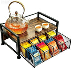Tea Bag Organizer for Kitchen Countertop, Wooden Tea Box Organizer with Drawer and Top Tray, Tea Station Organizer, Tea Bag Holder and Tea Storage Box for Coffee Bar, Pantry, Rustic Brown