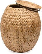 Eyely SSL1000A Noel 17" Bohemian Handwoven Hyacinth Barrel Wicker Storage Basket with Lid Side Table, Accent Table for Bathroom, Bedroom, Living Room, Natural