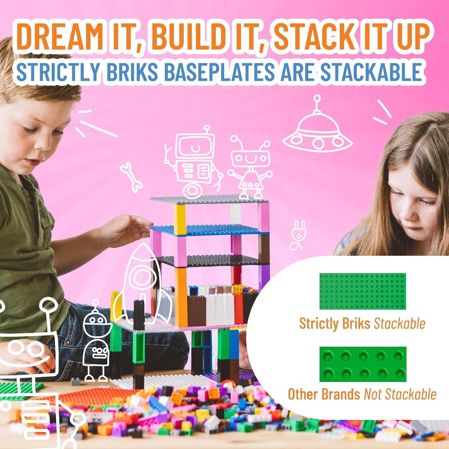 Strictly Briks Building Brick Baseplate for Building Toy Projects, Large Toy Building Sets - Compatible with Major Block Brands - 15 x 10.5 in, Green (Pack of 2)