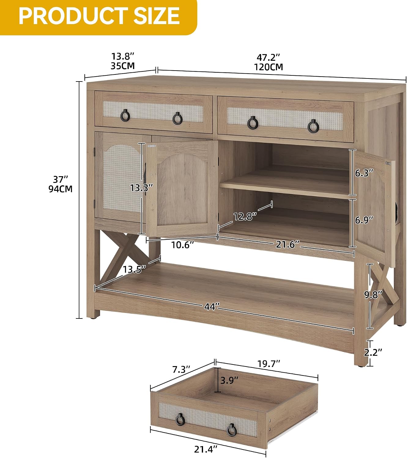 DWVO 47.2" Rattan Buffet Sideboard Cabinet with Storage, Farmhouse Coffee Bar Cabinet w/2 Drawers, 4-Doors Console Table with Adjustable Shelves for Kitchen, Dining Room, Living Room, Entryway (Oak)