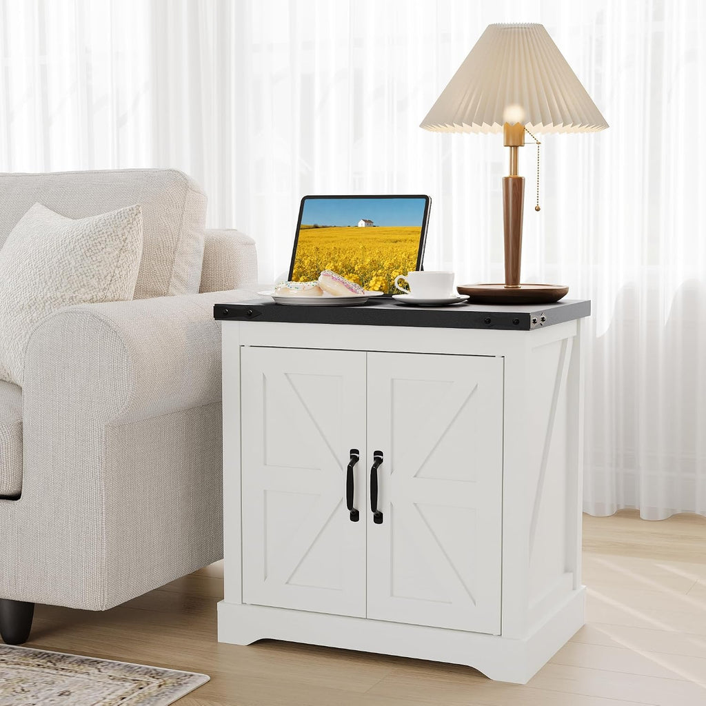 Takywep 24" White Farmhouse Side Table with USB Charging Station, Large Storage Cabinet & Sliding Barn Door, Rustic End Table or Nightstand for Living Room, Bedroom