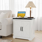 Takywep 24" White Farmhouse Side Table with USB Charging Station, Large Storage Cabinet & Sliding Barn Door, Rustic End Table or Nightstand for Living Room, Bedroom