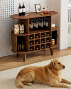 35.4" Oval Wine Bar Cabinet with 12 Racks 4 Glass Holders, Small Coffee Bar Cabinet with Sliding Tambour Door for Home, Kitchen, Living Room, Walnut