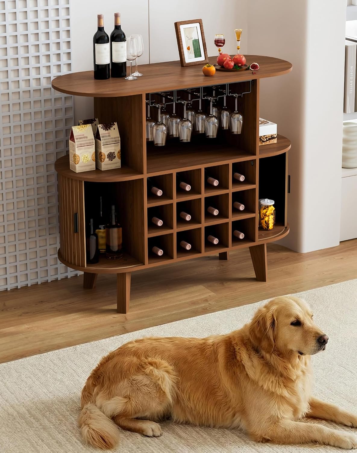 35.4" Oval Wine Bar Cabinet with 12 Racks 4 Glass Holders, Small Coffee Bar Cabinet with Sliding Tambour Door for Home, Kitchen, Living Room, Walnut