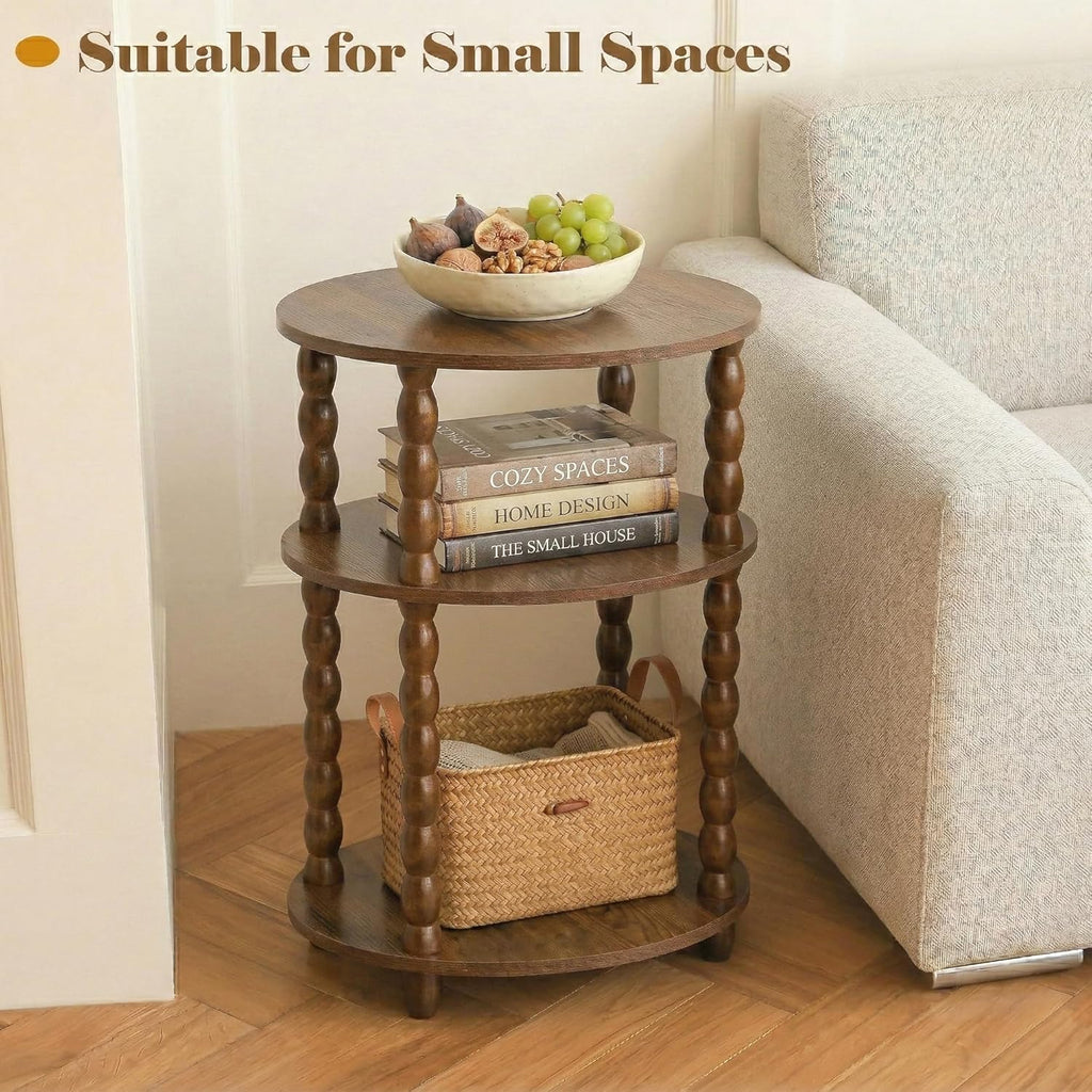 3-Tier Oval Side Table with Solid Wood Legs, Small End Table with Storage Shelves for Living Room Bedroom, Modern Night Stand Accent Table for Small Spaces, Easy Assembly