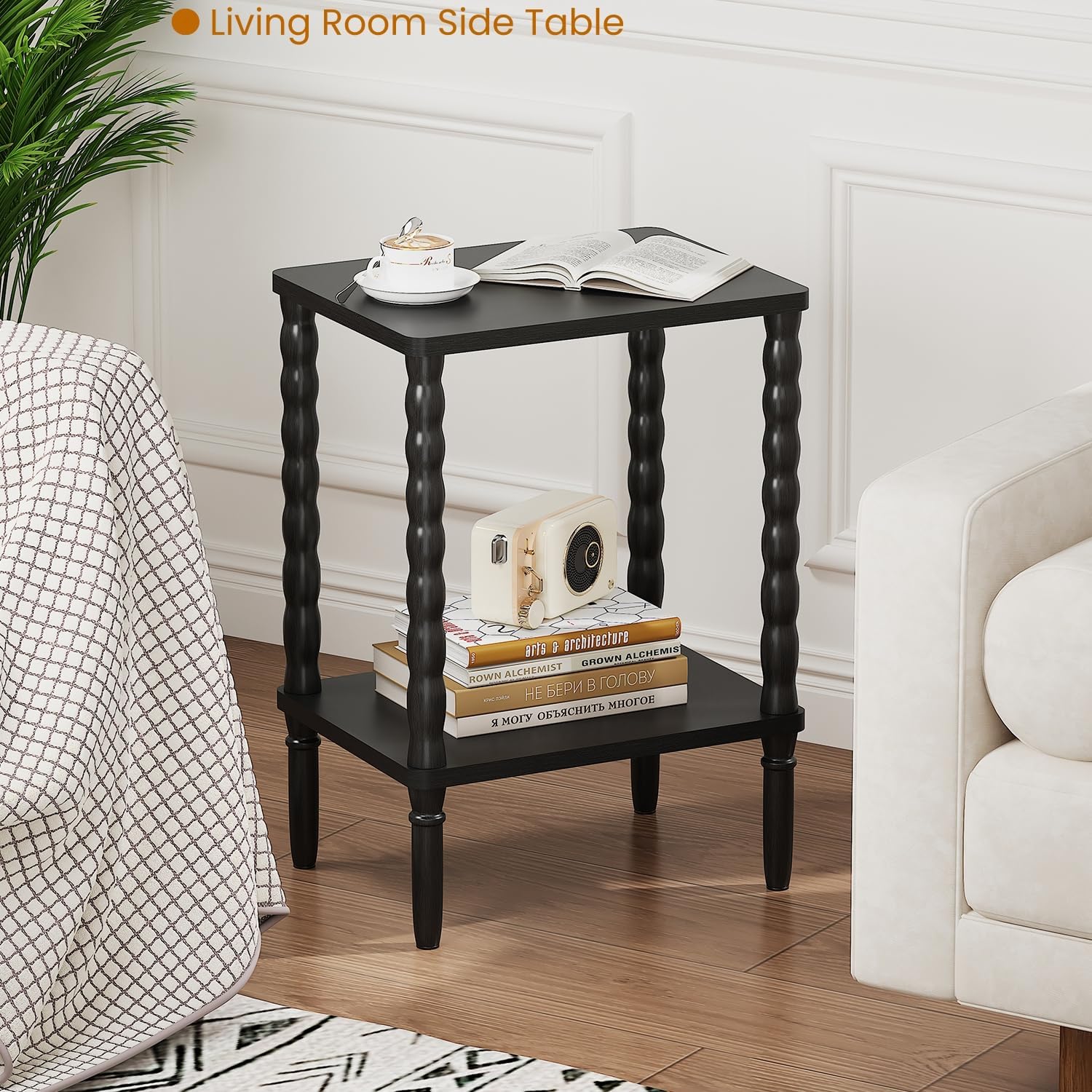 Small Narrow Side Table, Vintage End Table - Skinny Bedside Nightstand for Small Spaces, Couch/Recliner Accent Table for Bedroom Living Room Nursery, No-Tool Assembly (Black)