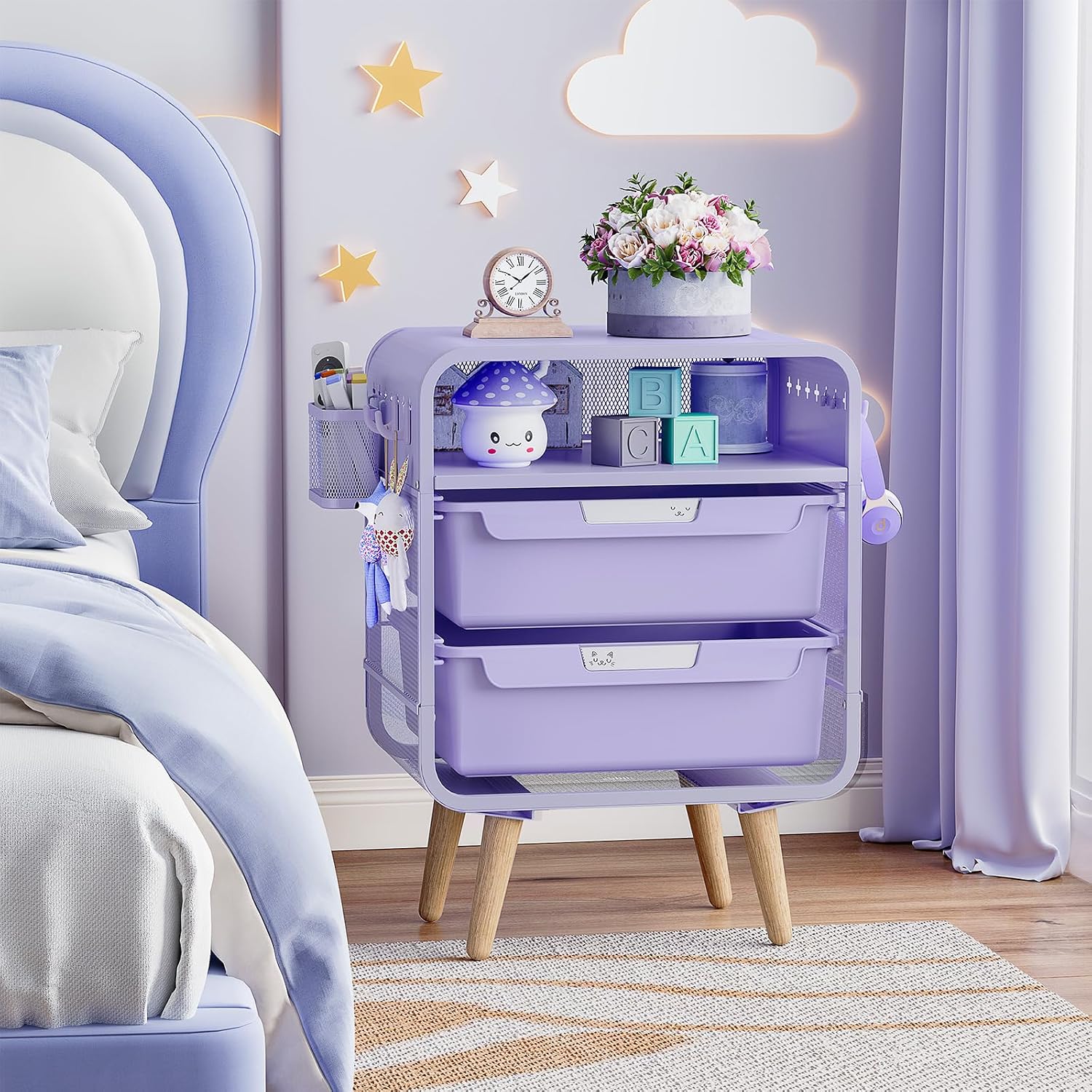 SYKIARIOL Kids Nightstand, Girls Bedside Table, Night Side Table | Kids Night Stand, End Tables Bedroom, Purple Cute Nightstand with Storage Drawer for Girls