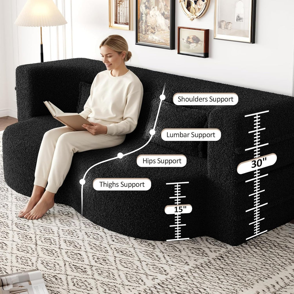 CAPCAEK Folding Sofa Bed,15" Full Size Boneless Couch for Living Room, Teddy Fabric Foam-Filled, Convertible Loveseat Sleeper Sofa Bed (Black-Teddy)